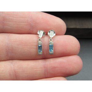 Sterling Silver Rectangle Blue Topaz Gem Small Earrings Vintage Wedding